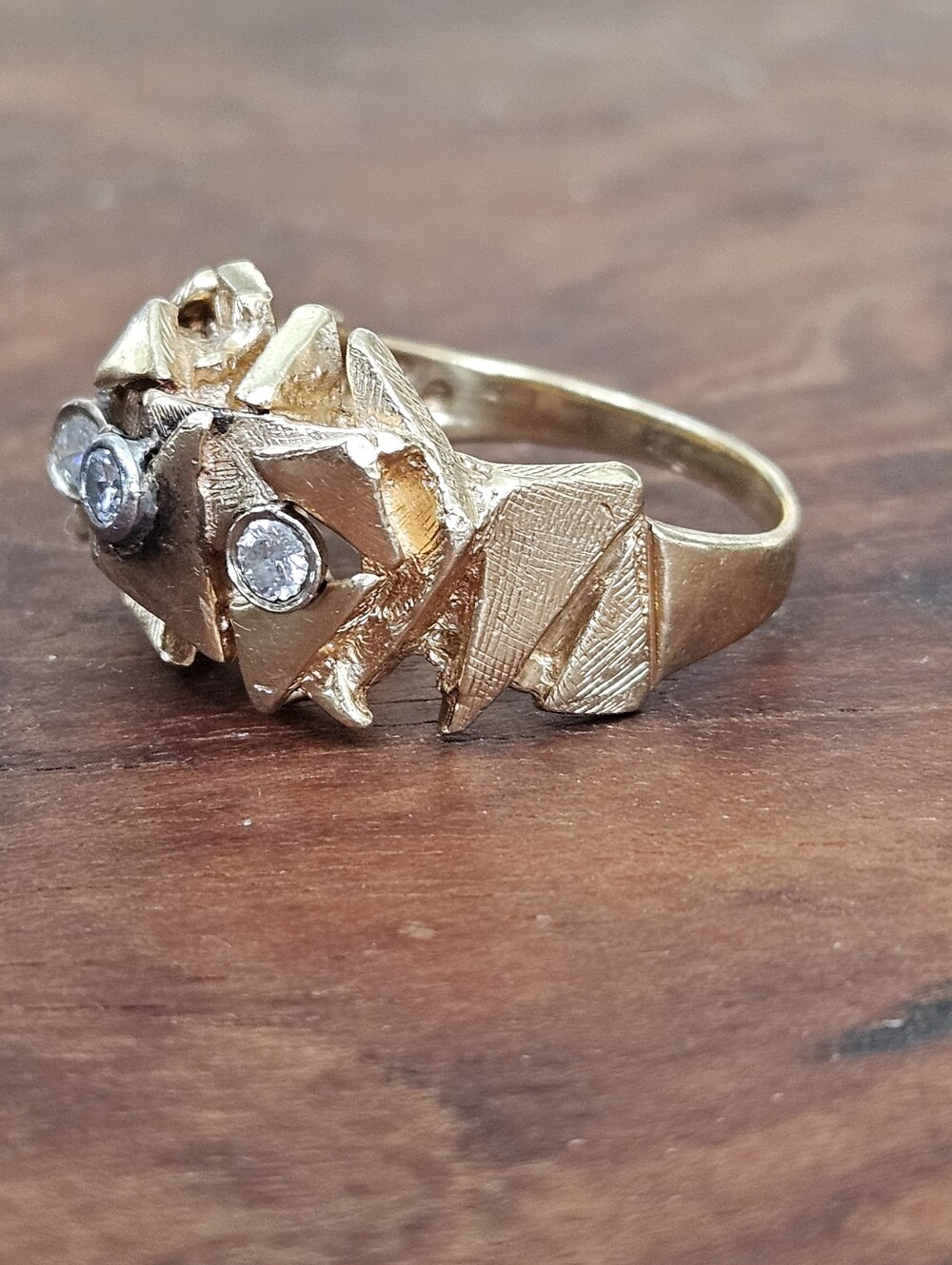 Vintage European Solid 14k 585 MCM Brutalist 3 Stone Diamond Nugget Ring - Picture 3 of 11